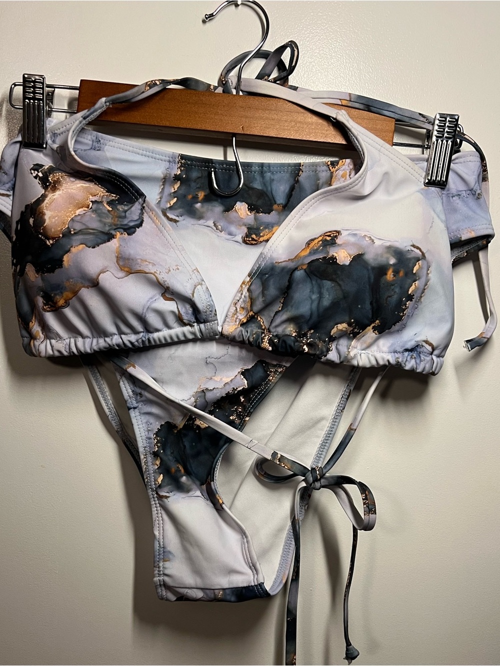 SHEIN CURVE- Marble-Print Tie Bikini Set in Pale blue, Navy Blue, Black & Gold
